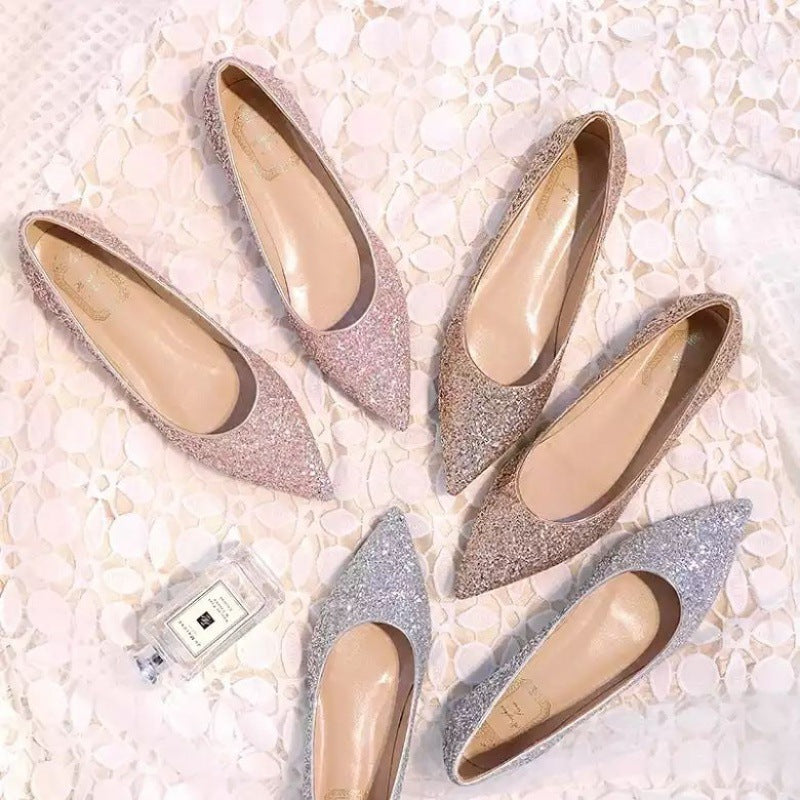 New Wedding Shoes Sequined Flat Shoes Female Pointed Toe Single Shoes Flat With Shallow Mouth Gold Powder Bride Bridesmaid Shoes Banquet Shoes - RewaGold