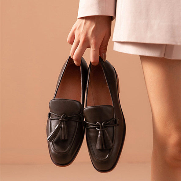 Leather Shallow Flat-bottomed British Heel Shoes - RewaGold