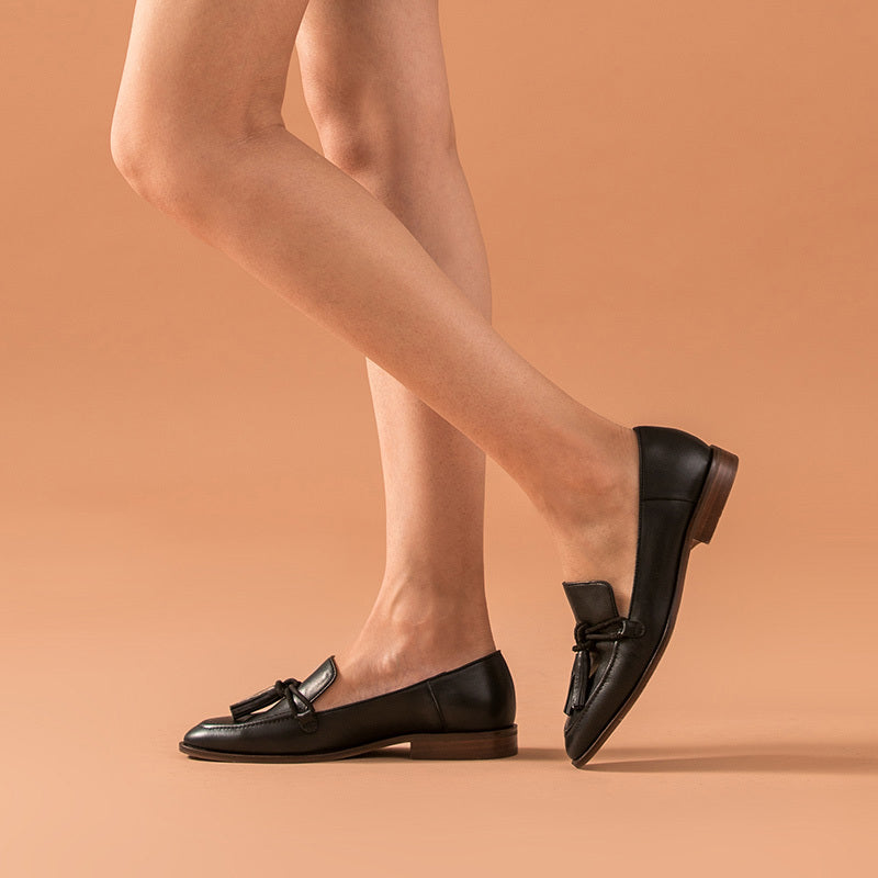 Leather Shallow Flat-bottomed British Heel Shoes - RewaGold