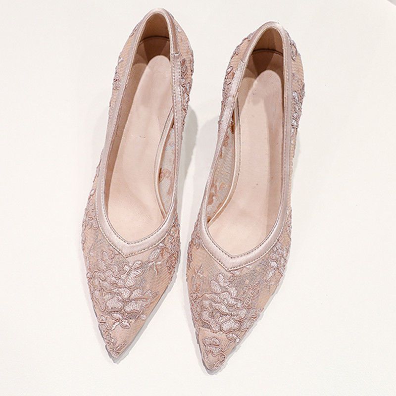 
                      
                        High Heels Mesh Breathable Sandals Female Pointed Stiletto Shallow Mouth Lace Bridesmaid Work Shoes - RewaGold
                      
                    