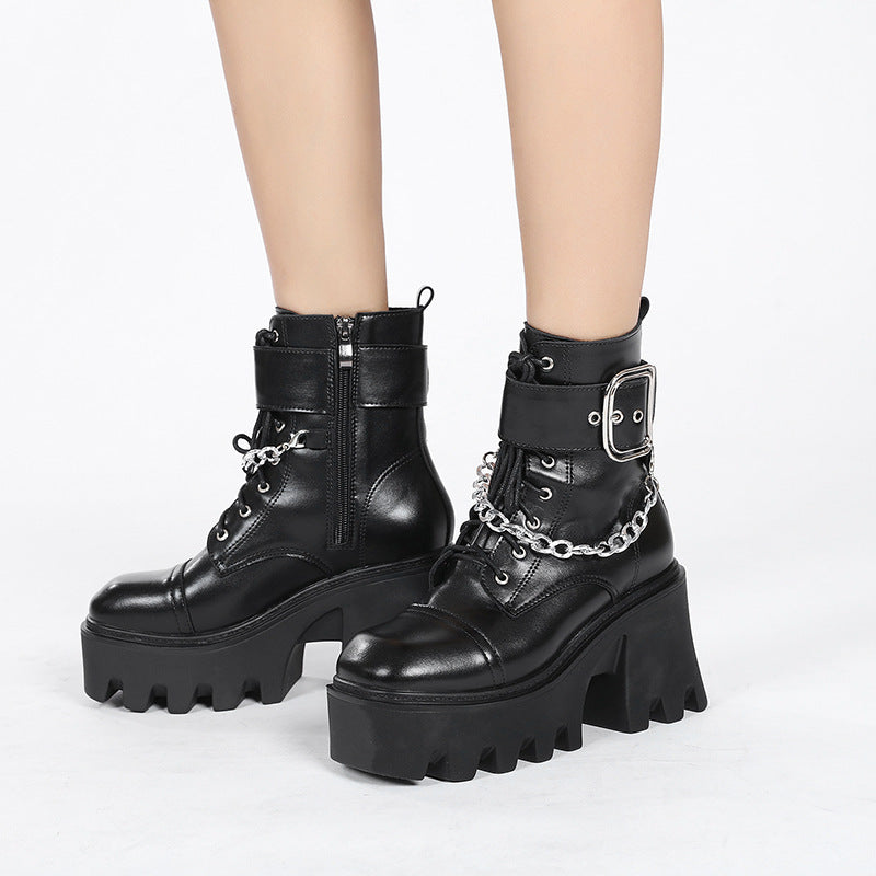 
                      
                        New Square Toe Thick Heel Side Zipper Platform Belt Buckle Platform Shoes Female Chain Martin Boots - RewaGold
                      
                    