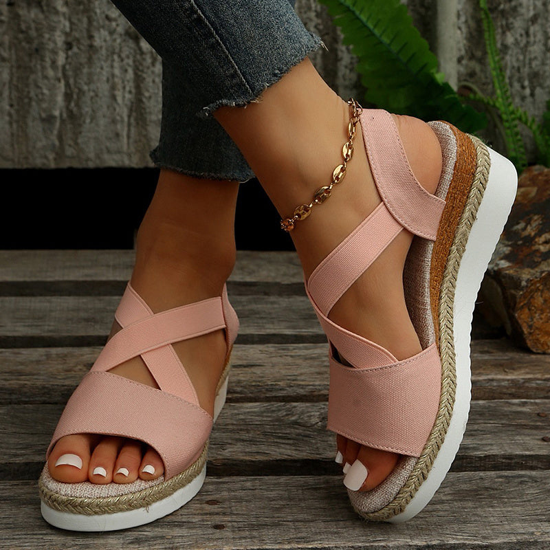 
                      
                        Women's Wedge Sandals – Cross-Strap Gladiator Platform Heels - RewaGold
                      
                    