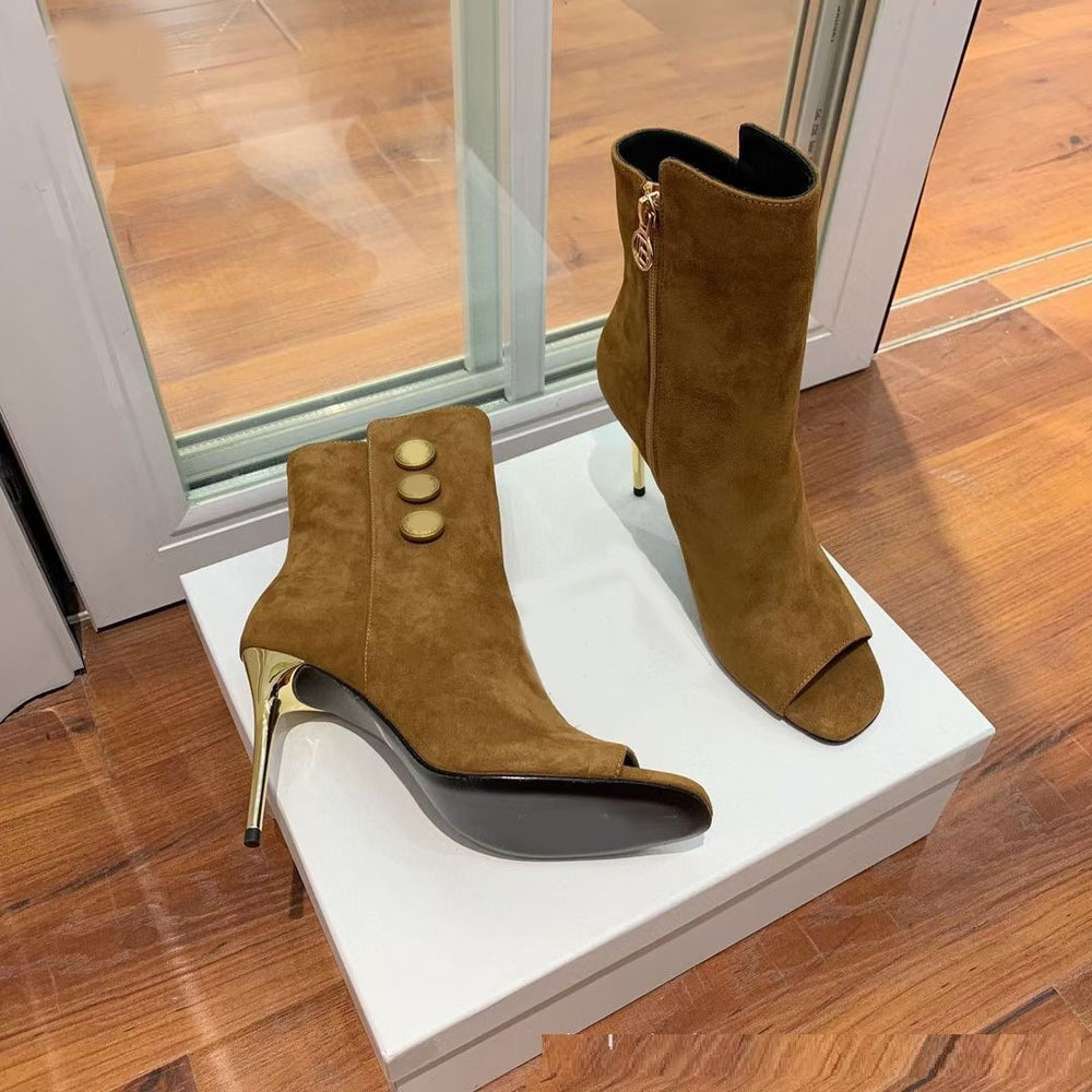 
                      
                        New Fish Mouth Metal Round Buckle Ankle Boots Super Stiletto Women's Shoes - RewaGold
                      
                    