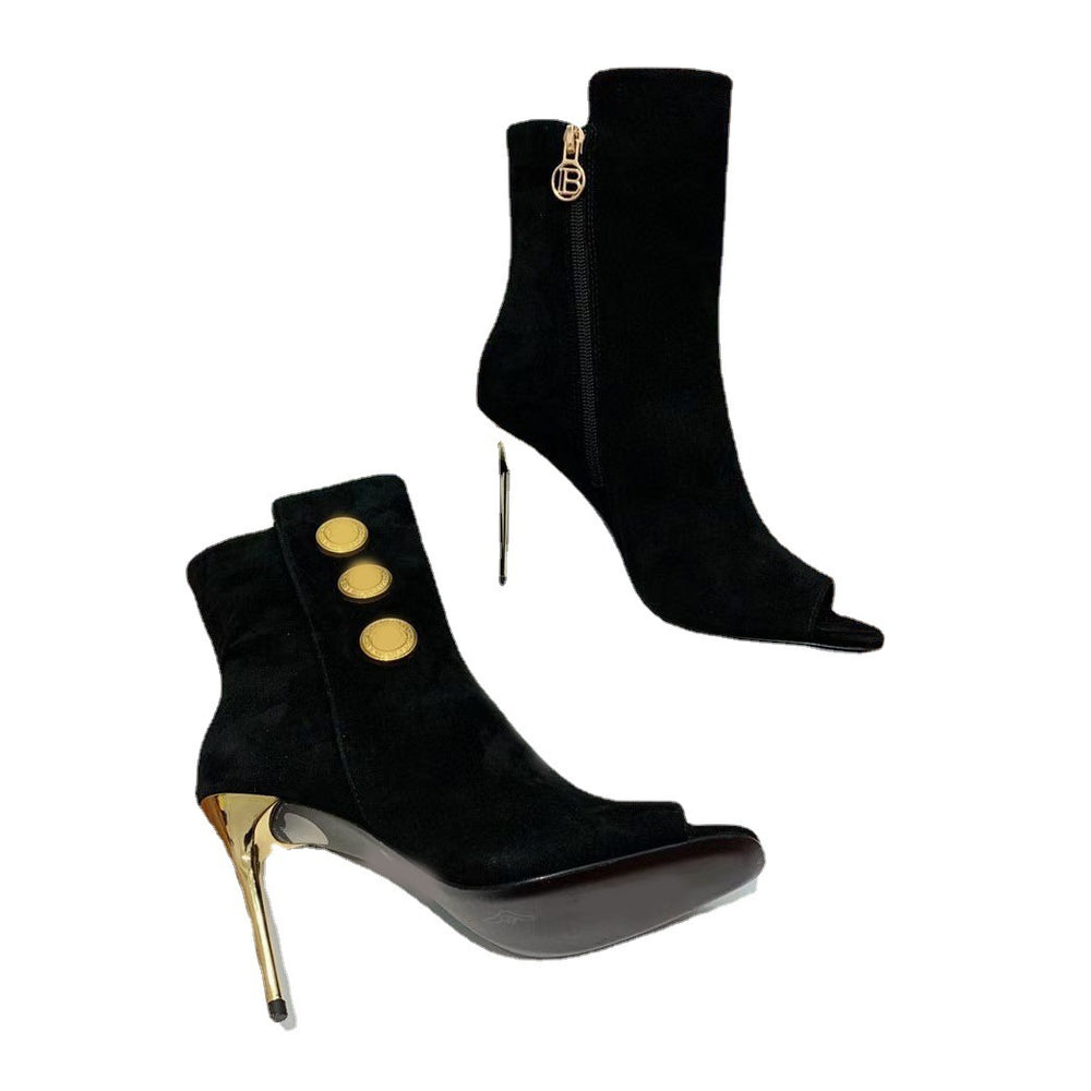 
                      
                        New Fish Mouth Metal Round Buckle Ankle Boots Super Stiletto Women's Shoes - RewaGold
                      
                    