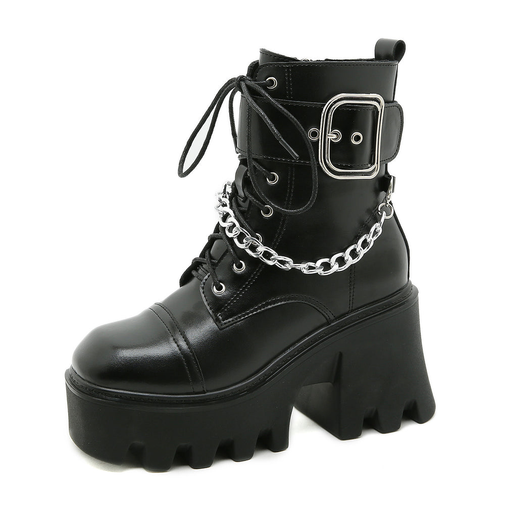 
                      
                        New Square Toe Thick Heel Side Zipper Platform Belt Buckle Platform Shoes Female Chain Martin Boots - RewaGold
                      
                    