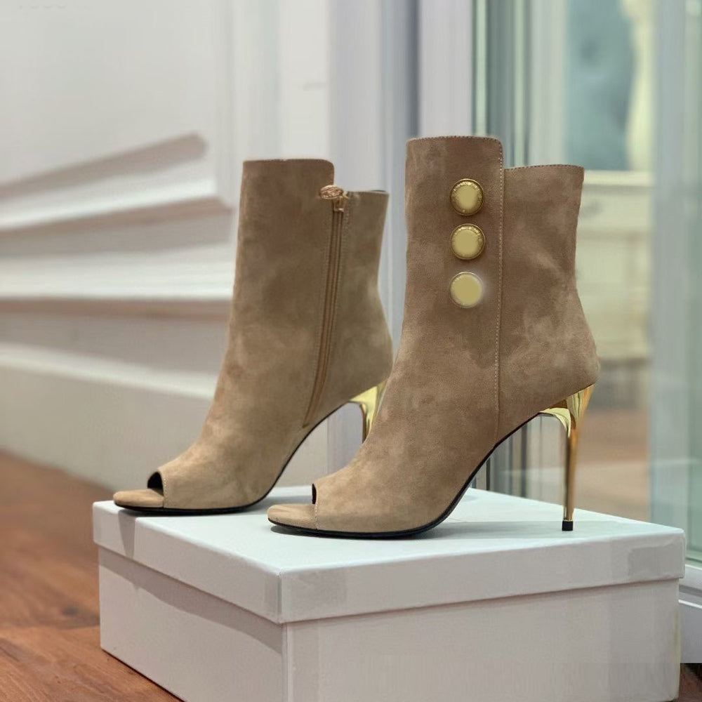 
                      
                        New Fish Mouth Metal Round Buckle Ankle Boots Super Stiletto Women's Shoes - RewaGold
                      
                    