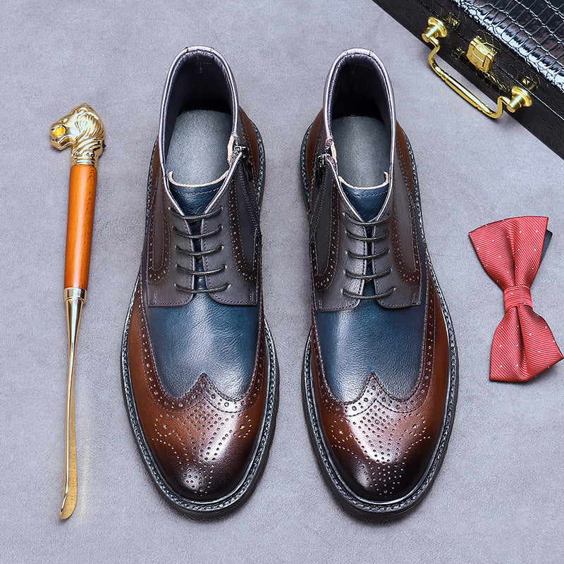 Mens Leather Vintage Color Blocking Brogue Carved Boots - RewaGold