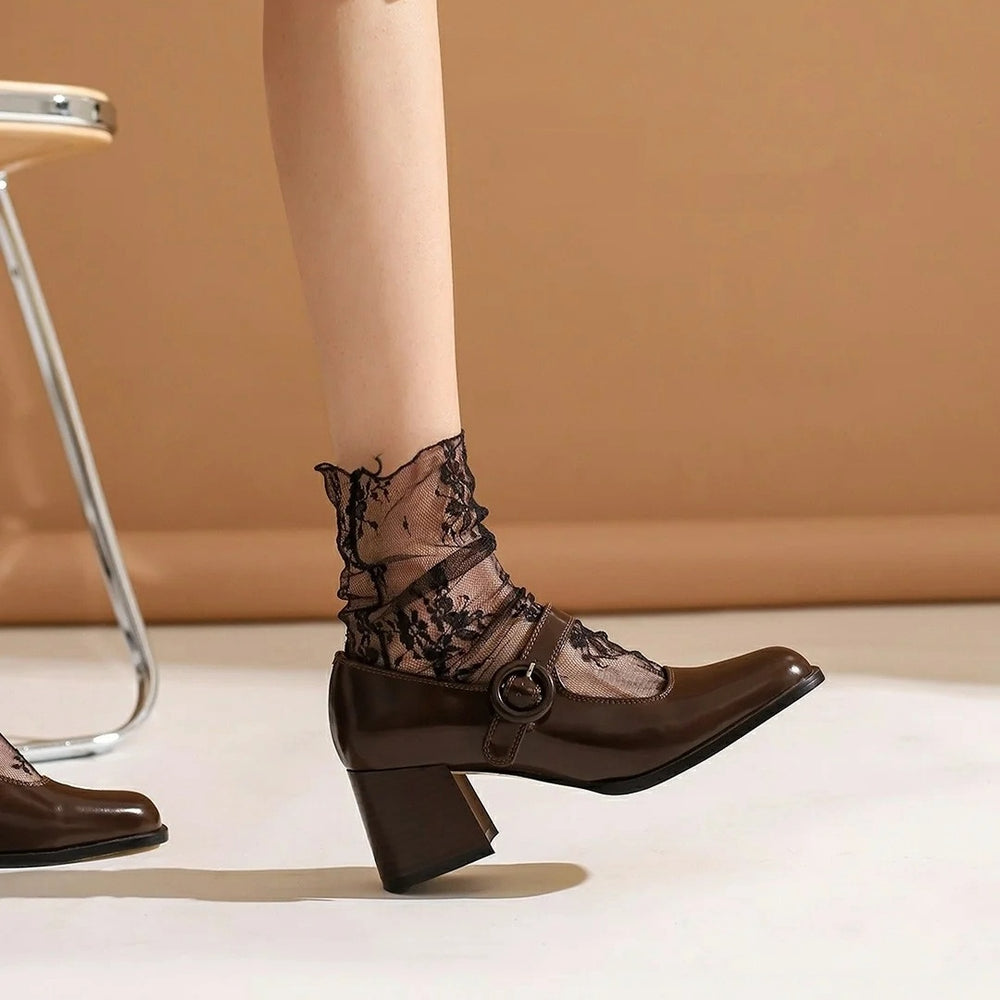 Mary Jane Shoes Women's New One Word Buckle Chunky High Heels - RewaGold