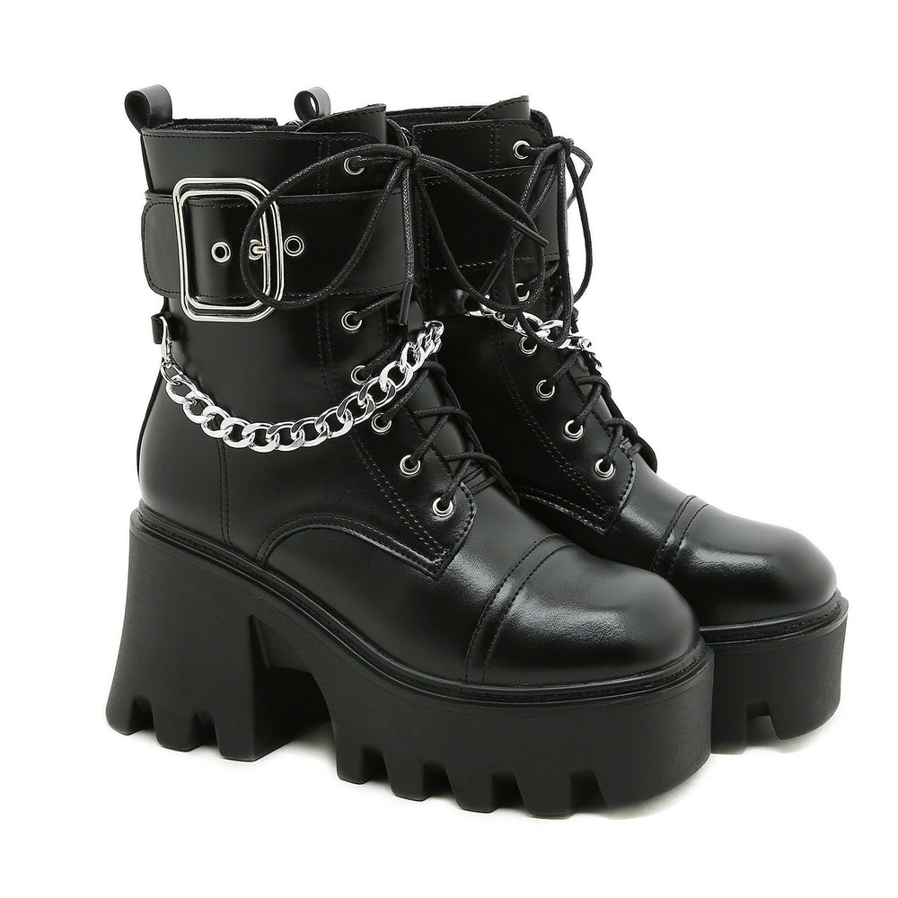 
                      
                        New Square Toe Thick Heel Side Zipper Platform Belt Buckle Platform Shoes Female Chain Martin Boots - RewaGold
                      
                    