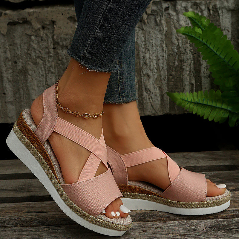 
                      
                        Women's Wedge Sandals – Cross-Strap Gladiator Platform Heels - RewaGold
                      
                    