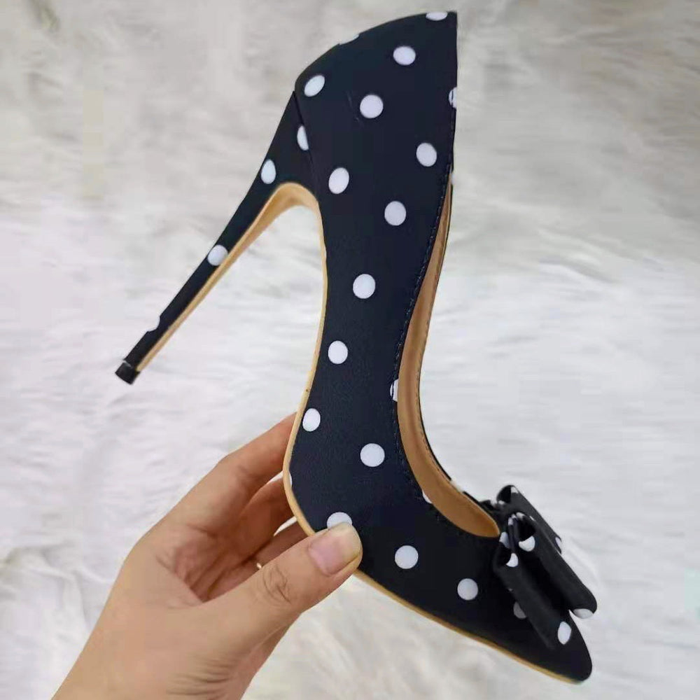
                      
                        Women's Black Satin Polka-Dot Stiletto Heels - RewaGold
                      
                    